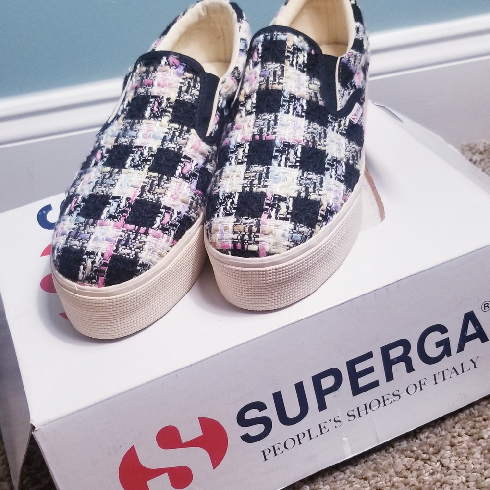 Superga Black and Pink Plaid Slip-On Shoes
